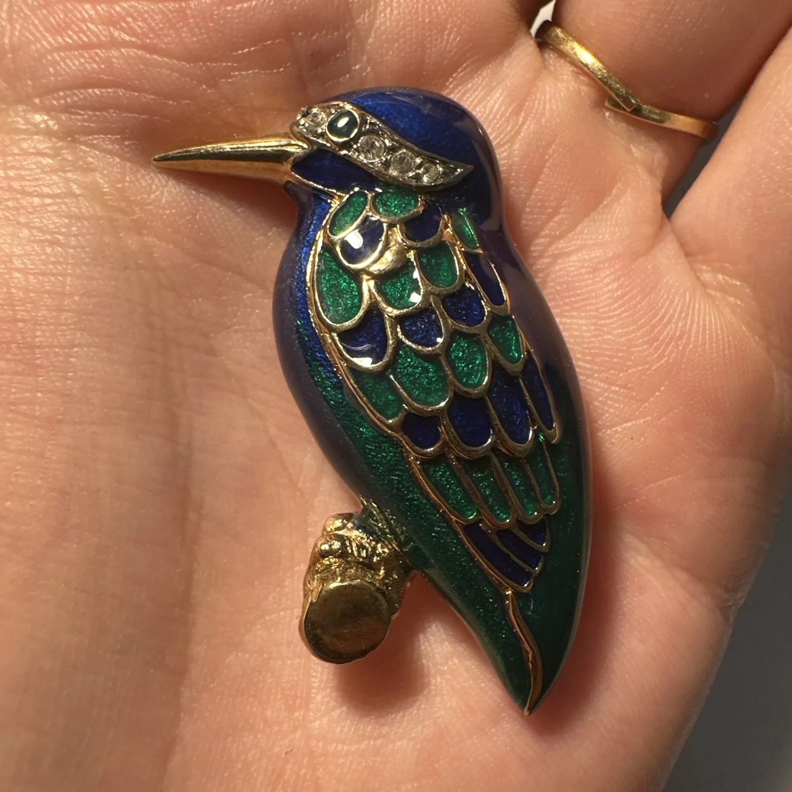Broche Colibri, Dorée, Verte Et Bleue Nacrée Avec Strass Blanc Bijoux Fantaisie