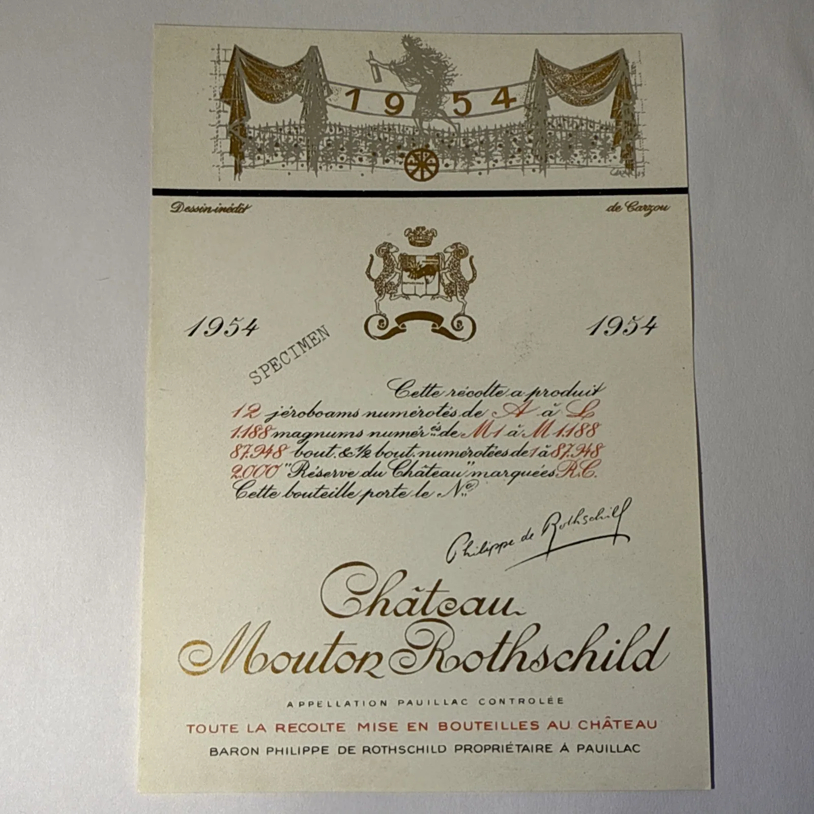 Étiquette De Vin Château Mouton Rotschild Spécimen 1954
